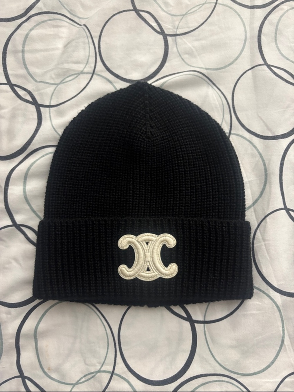 Celine Black Ribbed Beanie with Cream Interlocking Logo - Picture 1 of 1
